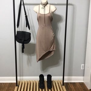 Taupe asymmetric hem mini dress